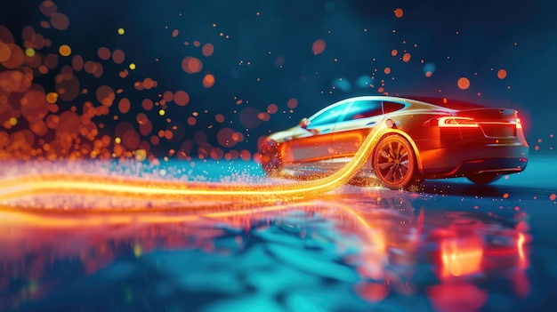 Futuristic electric car in motion with dynamic light trails night scene