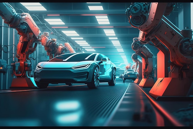 Futuristic electric car production line Generative ai