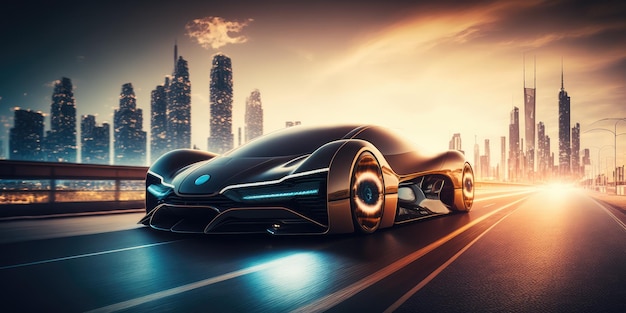 Futuristic electric car super car driving on city highway road with motion blur