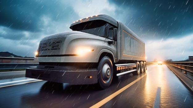 A futuristic electric cargo truck driving on the highway in the middle of a thunderstorm showcasing its ability to withstand harsh weather conditions