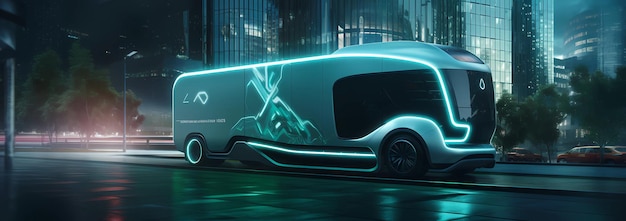 Photo a futuristic electric delivery truck charging at an energy station