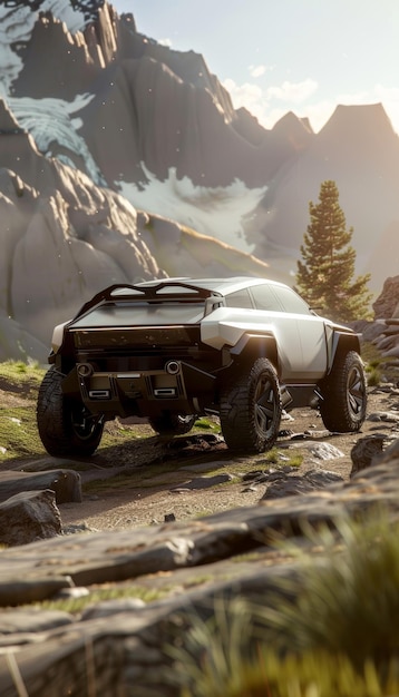 Futuristic Electric SUV Driving Over Rocky Mountain Trail with Detailed Suspension System