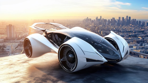 Futuristic electric vehicle on a rooftop overlooking a city skyline at sunset