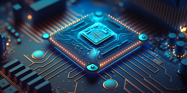 Futuristic electronic microchip circuit board close up concept illustration