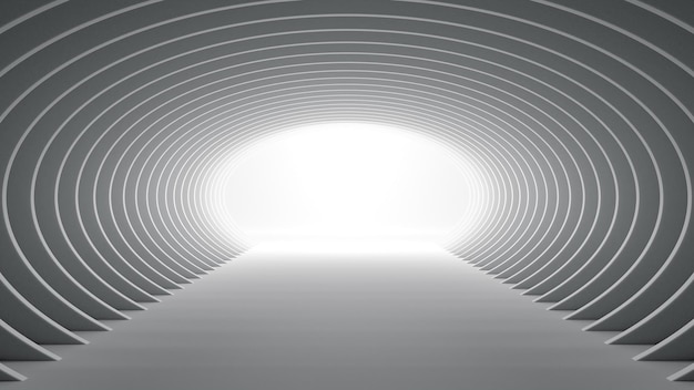 Futuristic elliptical white tunnel with light at the end 3D Illustration