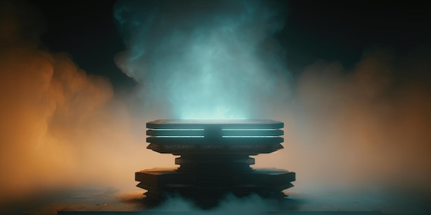 futuristic empty podium stage with Smoke and neon light generative ai scifi alien stand platform