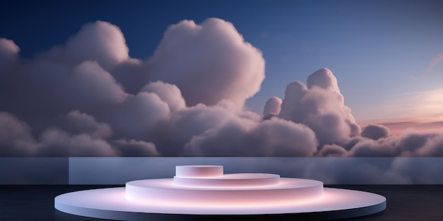 Photo futuristic empty stage with glowing podium and dreamy cloudscape