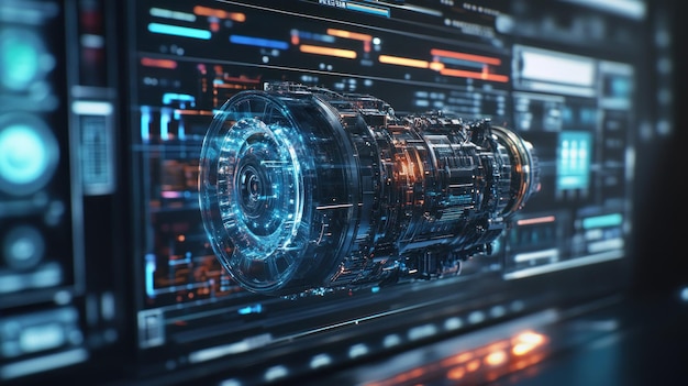 Futuristic Engine with Blue and Orange Glow on a Digital Interface