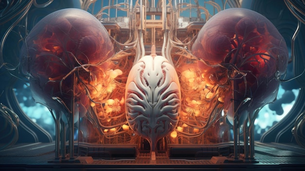 A futuristic environment with a computer generated organ as the focal point