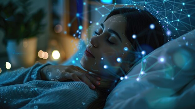 Photo in a futuristic environment a woman peacefully sleeps blending into the realm of digital dreaming aig62