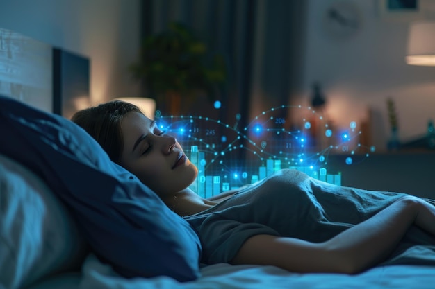 Photo in a futuristic environment a woman peacefully sleeps blending into the realm of digital dreaming aig62