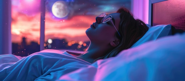 Photo in a futuristic environment a woman peacefully sleeps blending into the realm of digital dreaming