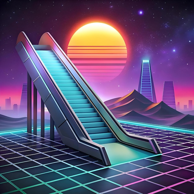 Photo a futuristic escalator leading into a neon drenched landscape complete with a retro sunset and cyberpunk skyscrapers