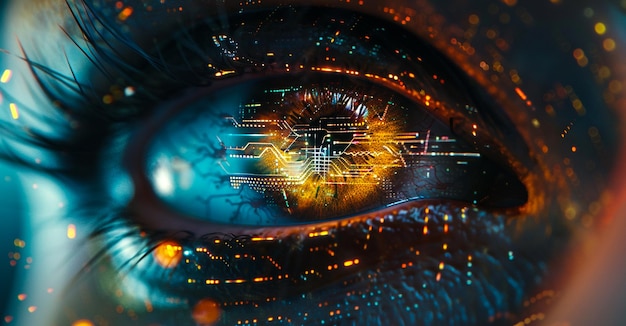 Futuristic Eye with Circuitry Reflections Representing Advanced digital Technology and Security