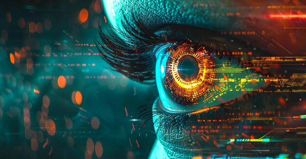 Futuristic Eye with Circuitry Reflections Representing Advanced digital Technology and Security