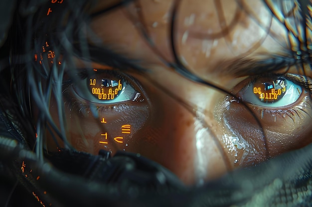 Photo futuristic eyes closeup with digital reflections technology concept art for scifi posters