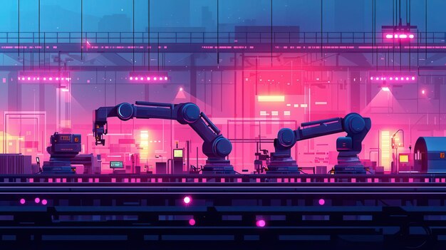 Photo futuristic factory scene featuring robotic arms in vibrant neon lighting symbolizing advanced technology and automation