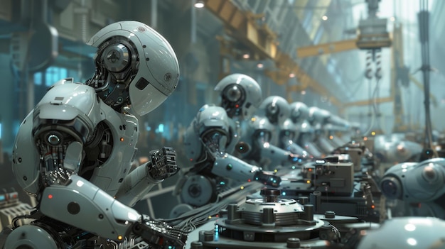 A futuristic factory with robots working alongside human workers