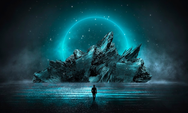 Futuristic fantasy abstract night landscape with island moonlight shine and reflection of light in the water