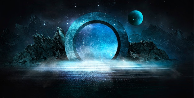 Futuristic fantasy abstract night landscape with island moonlight shine