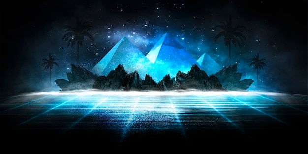 Futuristic fantasy abstract night landscape with island moonlight shine