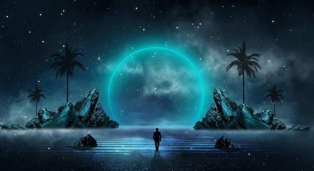 Futuristic fantasy abstract night landscape with island moonlight shine