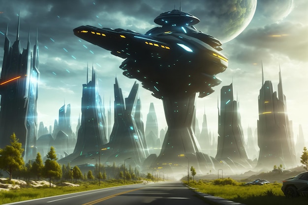 Futuristic fantasy landscape cyber city