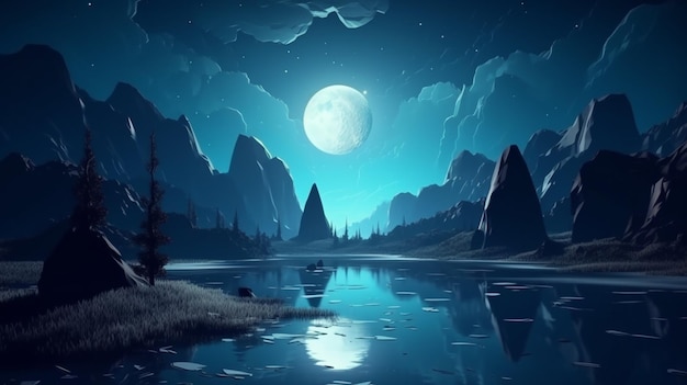 Futuristic fantasy landscape Dark natural scene with light reflection in water