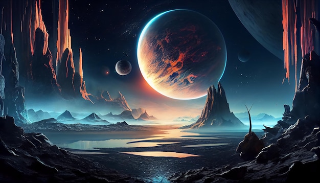 Futuristic fantasy landscape scifi landscape with planet neon light cold planet Galaxy unknown planet