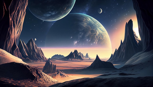 Futuristic fantasy landscape scifi landscape with planet neon light cold planet Galaxy unknown planet