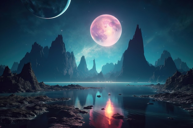 Futuristic fantasy night landscape with abstract landscape and island moonlight AI generated