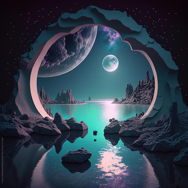 Futuristic fantasy night landscape with neon space galaxy portal Dark natural scene 3D illustration