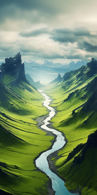 Futuristic Fantasy River Flowing Between Mountains