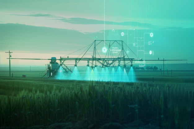 Photo futuristic farm scene at dusk with an innovative irrigation system and digital smart farming icons