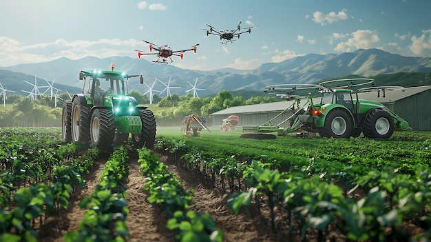 Futuristic Farm with 5G Autonomous Tractors and Drones Enhancing Crop Management Efficiency