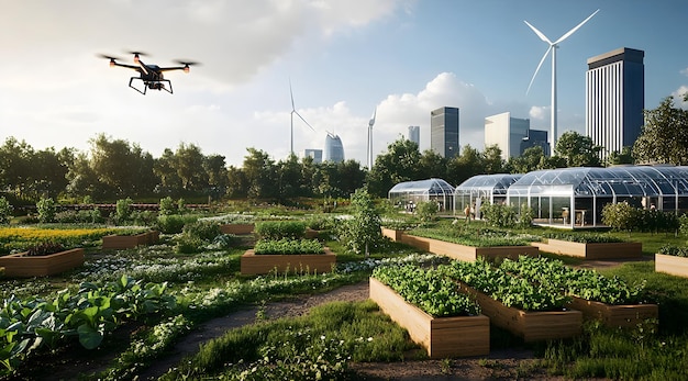 A futuristic farm with drones flying above green crops and modern buildings in the background