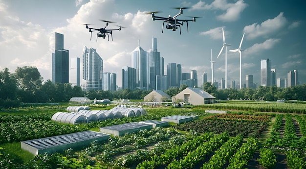 A futuristic farm with drones flying above green crops and modern buildings in the background