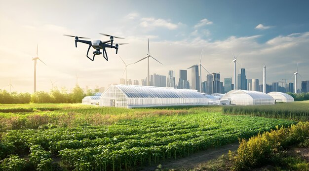 Photo a futuristic farm with drones flying above green crops and modern buildings in the background