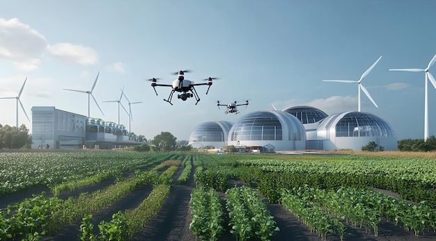 Photo a futuristic farm with drones flying above green crops and modern buildings in the background