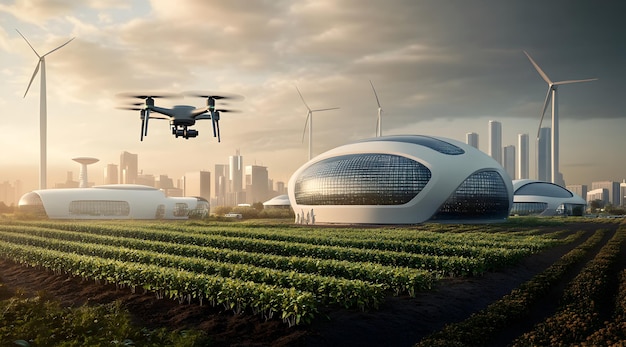 A futuristic farm with drones flying above green crops and modern buildings in the background