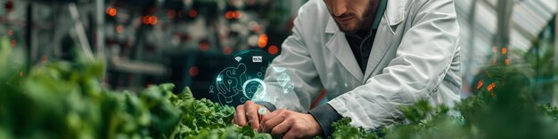 Photo futuristic farmer harvesting hydroponic plants in greenhouse using modern ai technology