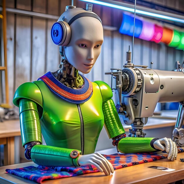 Photo a futuristic fashion designer robot equipped with advanced technology sits at a sewing machine showcasing the intersection of artificial intelligence and the creative world of fashion