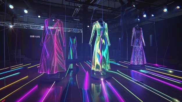 Photo futuristic fashion display with glowing neon lights and holographic dresses