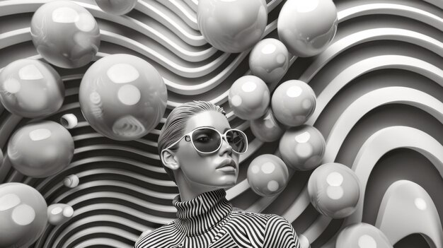 A futuristic fashion model poses against a hypnotic abstract background with spheres exuding a surreal and avantgarde vibe