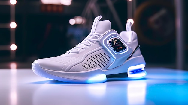 Futuristic fashion original sneakers Future design of stylish sports shoes with neon glow futuristic urban aesthetics Sportswear style and fashion tomorrow footwear AI Generative