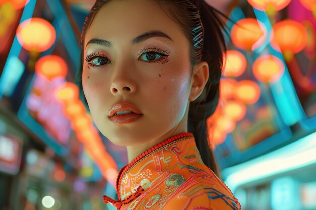 Photo futuristic fashion shoot in vibrant neon cityscape with traditional attire