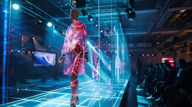 Photo a futuristic fashion show featuring a model in a glowing transparent outfit walking on a glass runway