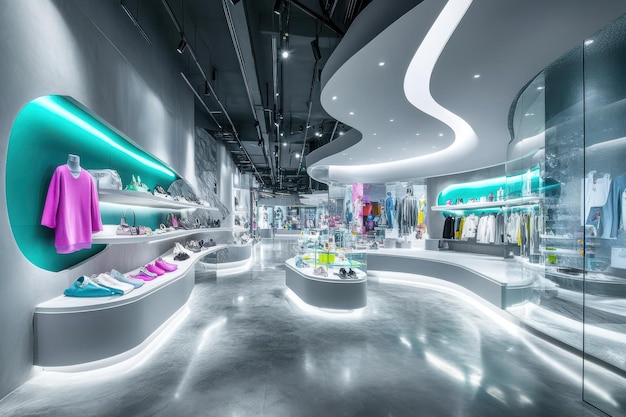 Photo futuristic fashion store with curved glass display and neon lights wideangle interior shot