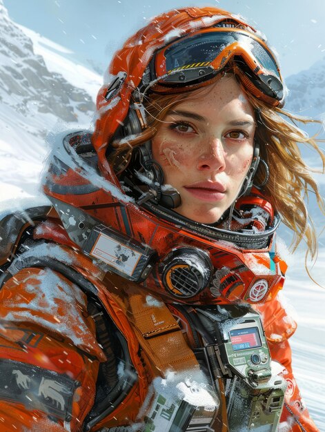 Futuristic Female Astronaut in Orange Space Suit against Snowy Mountainous Background