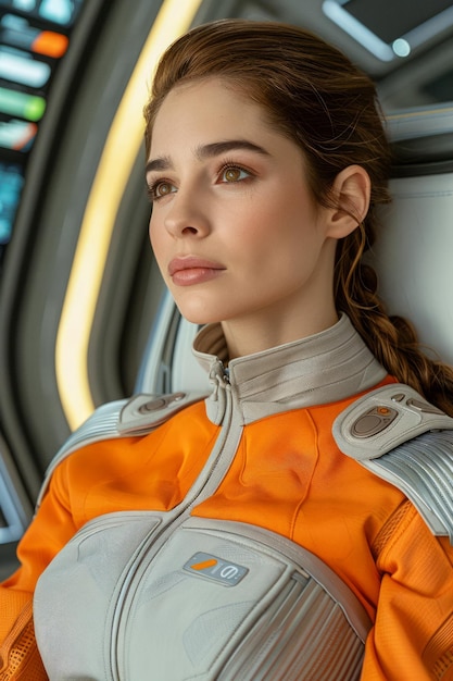 Futuristic Female Astronaut in Spacecraft with Orange Spacesuit Looking Pensive and Confident